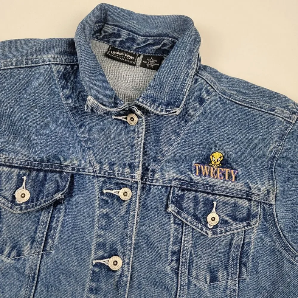 Vintage Y2K Tweety Bird Looney Tunes Warner Bros‎ Denim Jacket Large Button up
